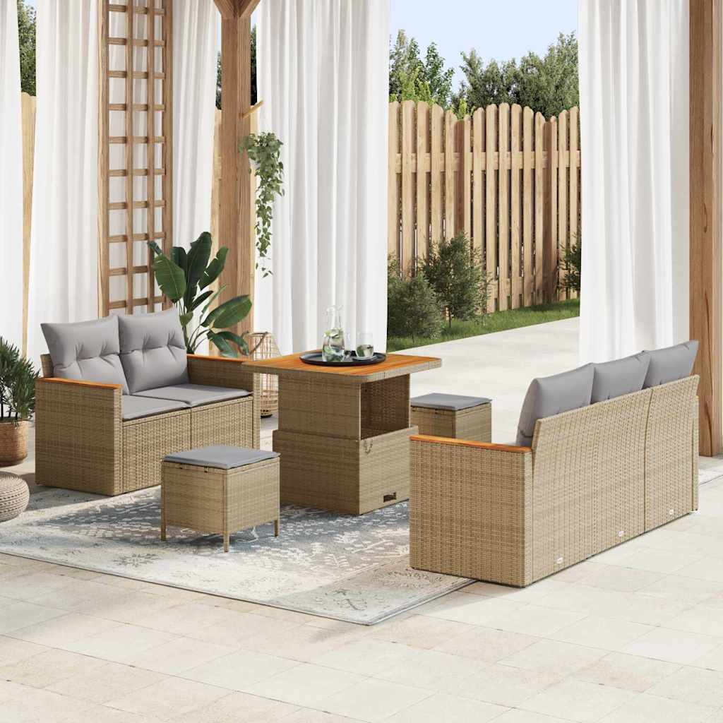Set di Sofà da Giardino  8 Pezzi con Cuscini Beige Rattan Poli Acacia 3364937