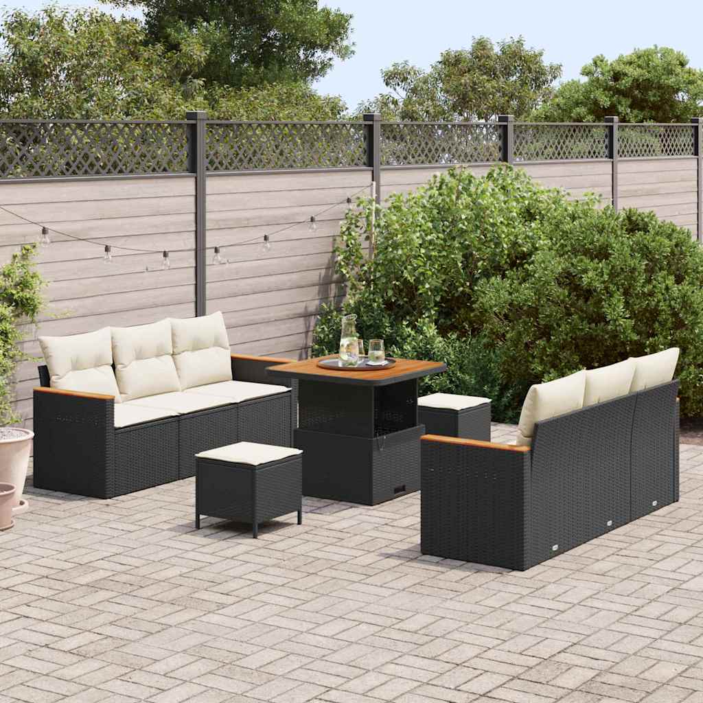Set divani giardino  da 9 pezzi con cuscini in polyrattan nero e bianco 3364945