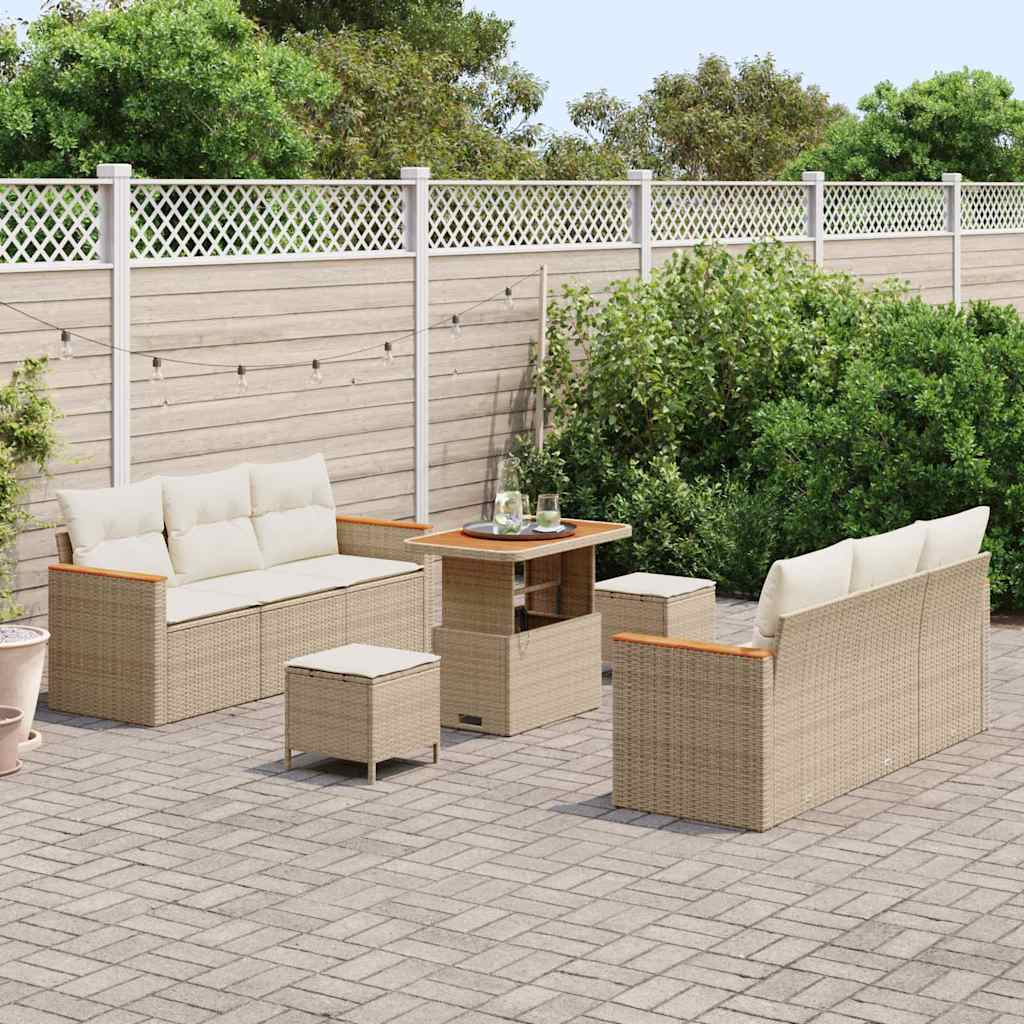Set Divano da Giardino 9 Pezzi con Cuscini Beige Polyrattan Acacia 3364951