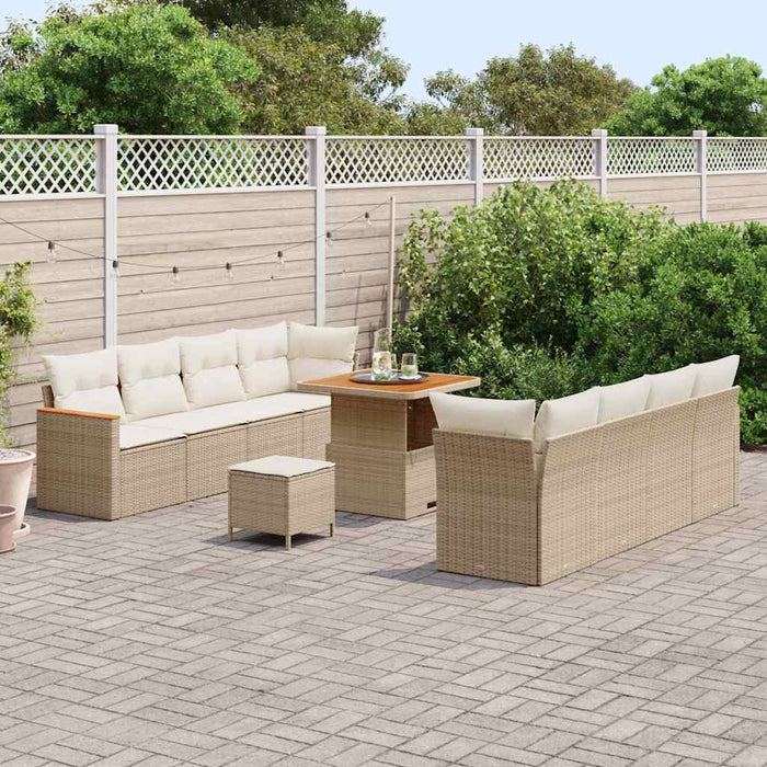 Set di Sofà da Giardino a 11 Pezzi con Cuscini Beige Politrattato Acacia 3364966