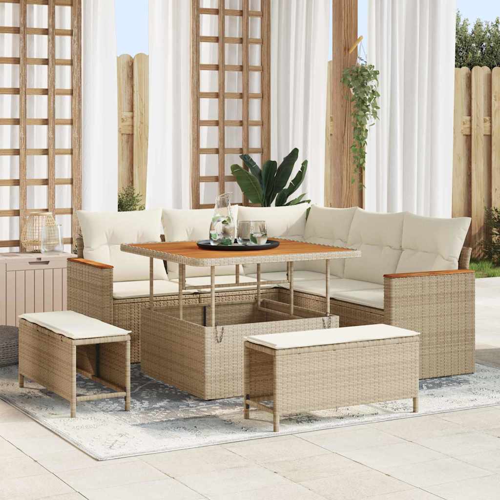 Set di Divani da Giardino con Cuscini Beige in Rattan Polimerico e Acacia 3364986