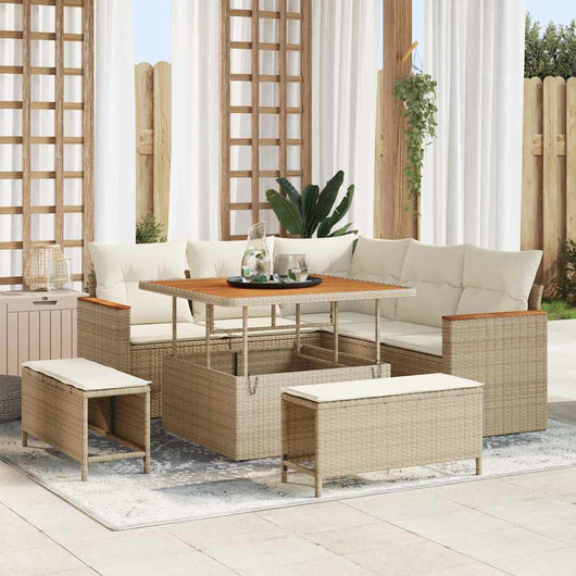 Set di Divani da Giardino con Cuscini Beige in Rattan Polimerico e Acacia 3364986
