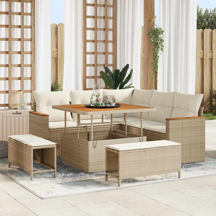 Set di Divani da Giardino con Cuscini Beige in Rattan Polimerico e Acacia 3364986