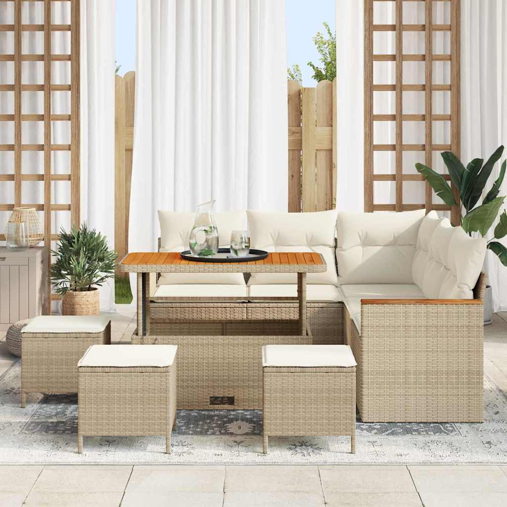 Set di Divani da Giardino 9 Pezzi con Cuscini Beige in Rattan Sintetico e Legno di Acacia 3365001