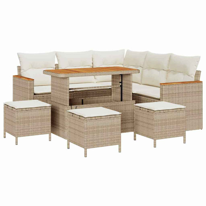 Set di Divani da Giardino 9 Pezzi con Cuscini Beige in Rattan Sintetico e Legno di Acacia 3365001
