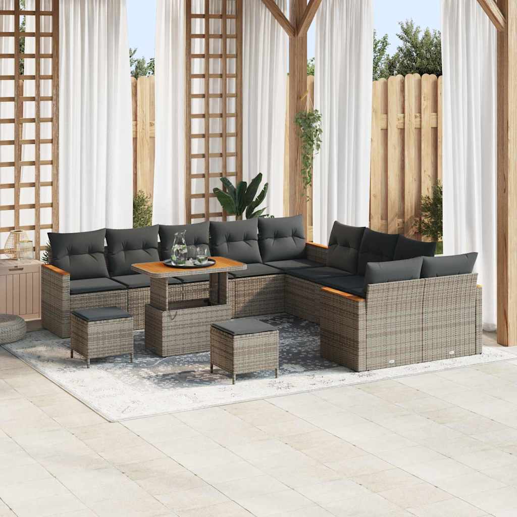 Set di Sofà da Giardino 13 Pezzi con Cuscini Grigio Polyrattan Acacia 3365058
