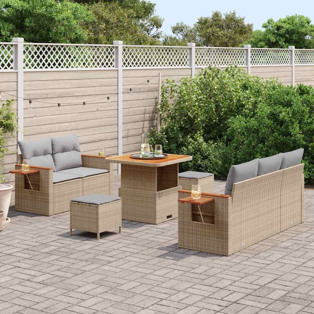 Set Divano da Giardino da 8 Pezzi con Cuscini Beige Polyrattan Acacia 3365067