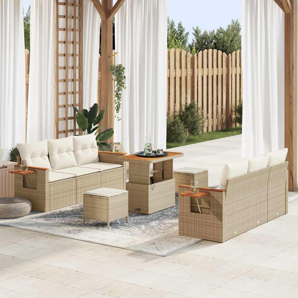 Set Divano da Giardino da 9 Pezzi con Cuscini Beige Polyrattan Acacia 3365081