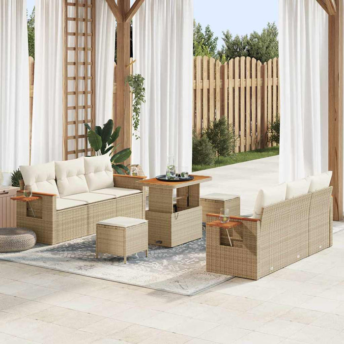 Set Divano da Giardino da 9 Pezzi con Cuscini Beige Polyrattan Acacia 3365081