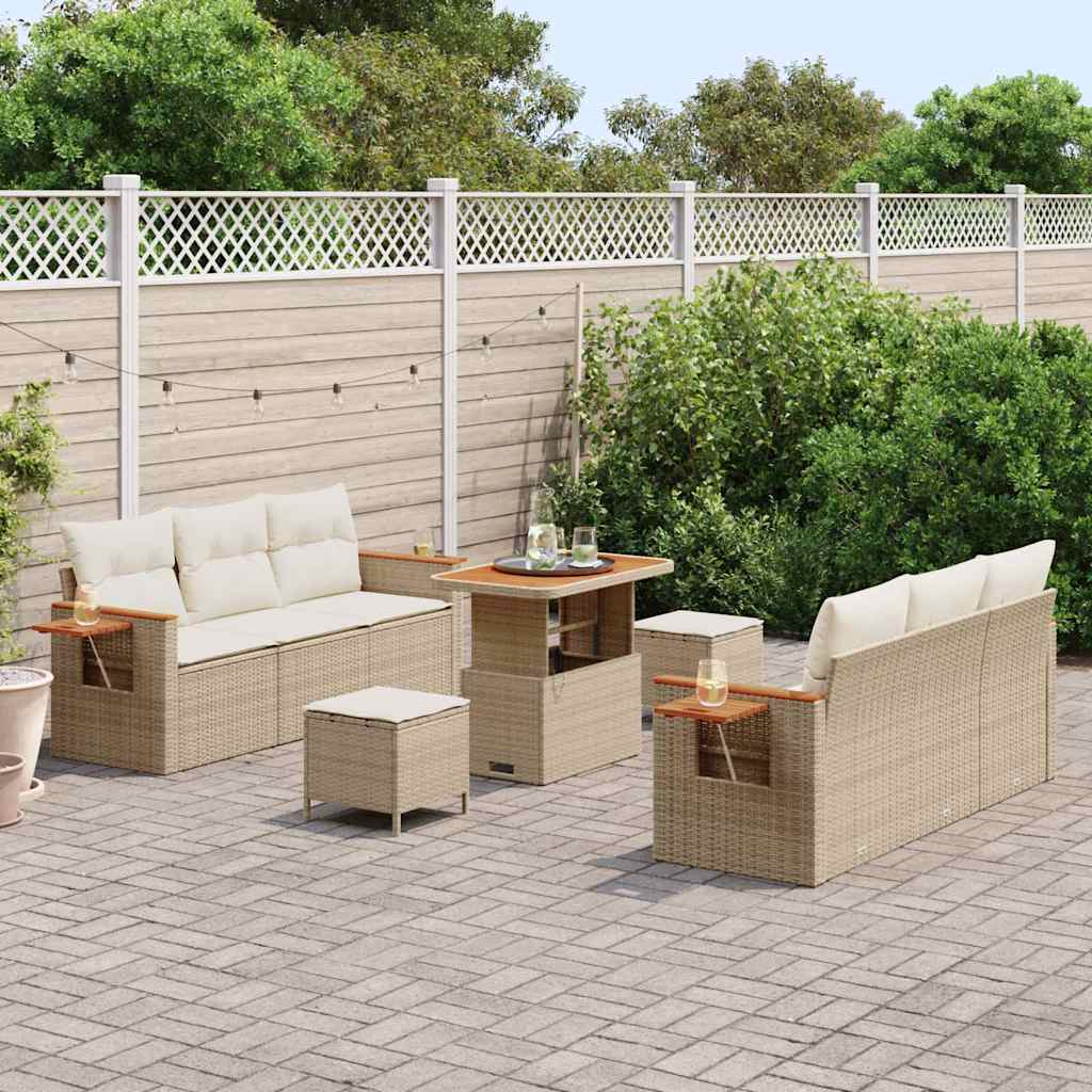 Set Divano da Giardino da 9 Pezzi con Cuscini Beige Polyrattan Acacia 3365081
