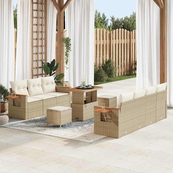 Set di Sofà da Giardino 10 Pezzi con Cuscini Beige Polyrattan Acacia 3365091