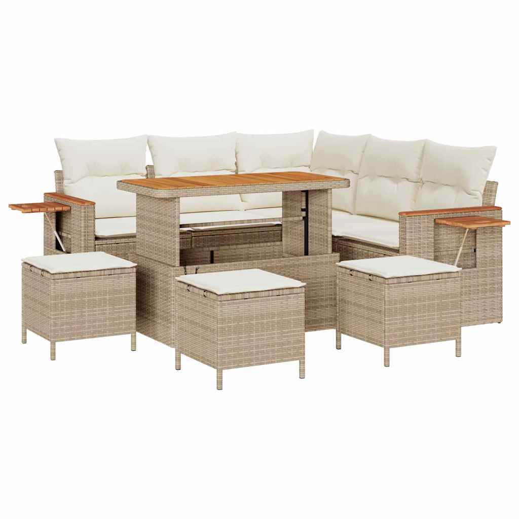 Set divani giardino  9 pezzi con cuscini beige in rattan poli acacia 3365131