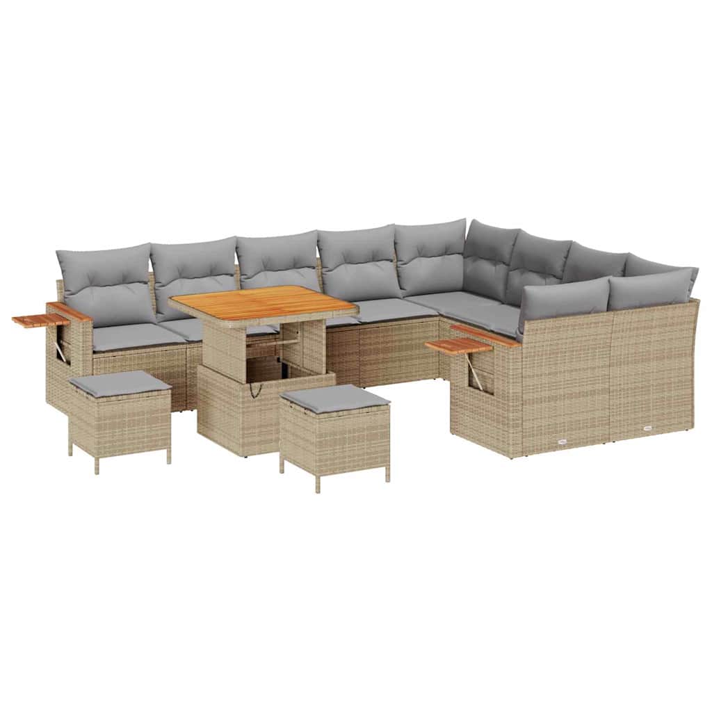 Set Divano da Giardino da 12 Pezzi con Cuscini Beige Vimini Poly Rattan Acacia 3365162