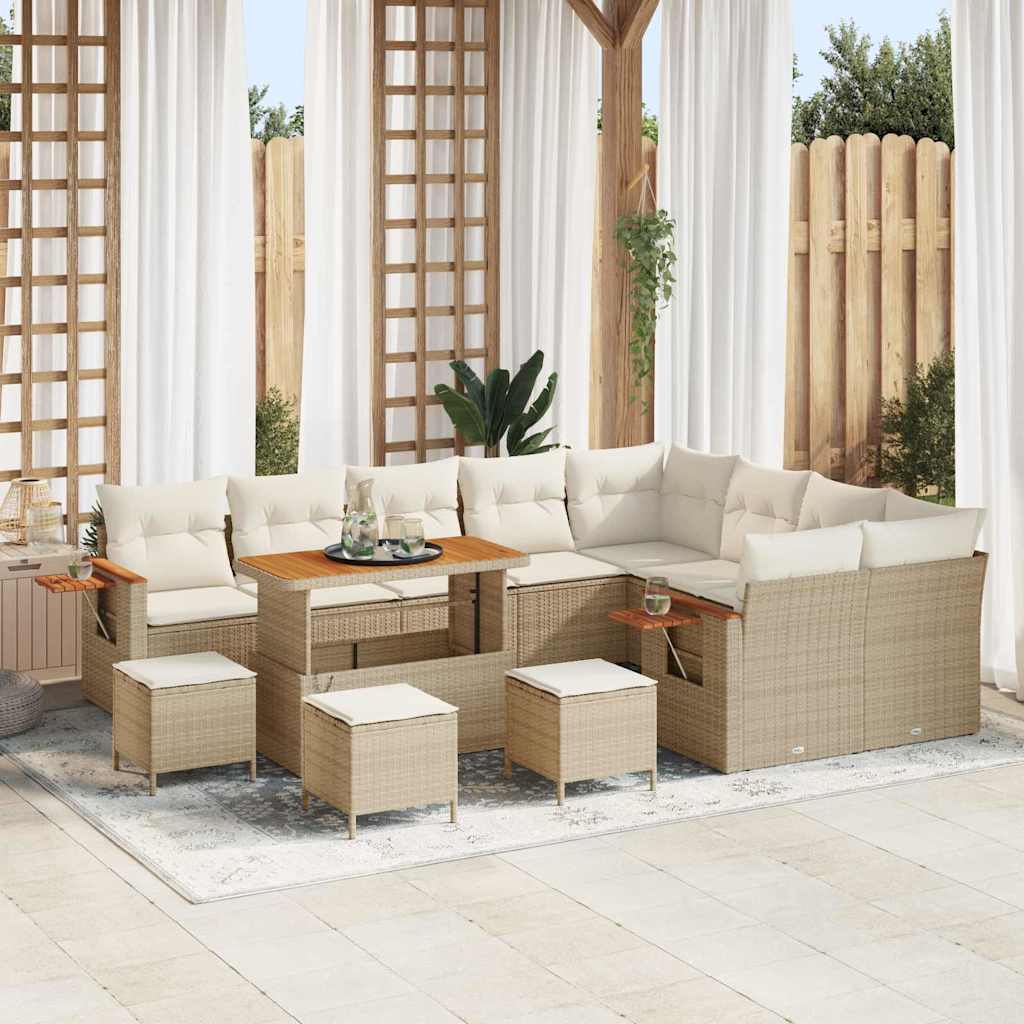 Set di Sofà da Giardino da 13 Pezzi con Cuscini Beige in Rattan Polietilene e Acacia 3365171