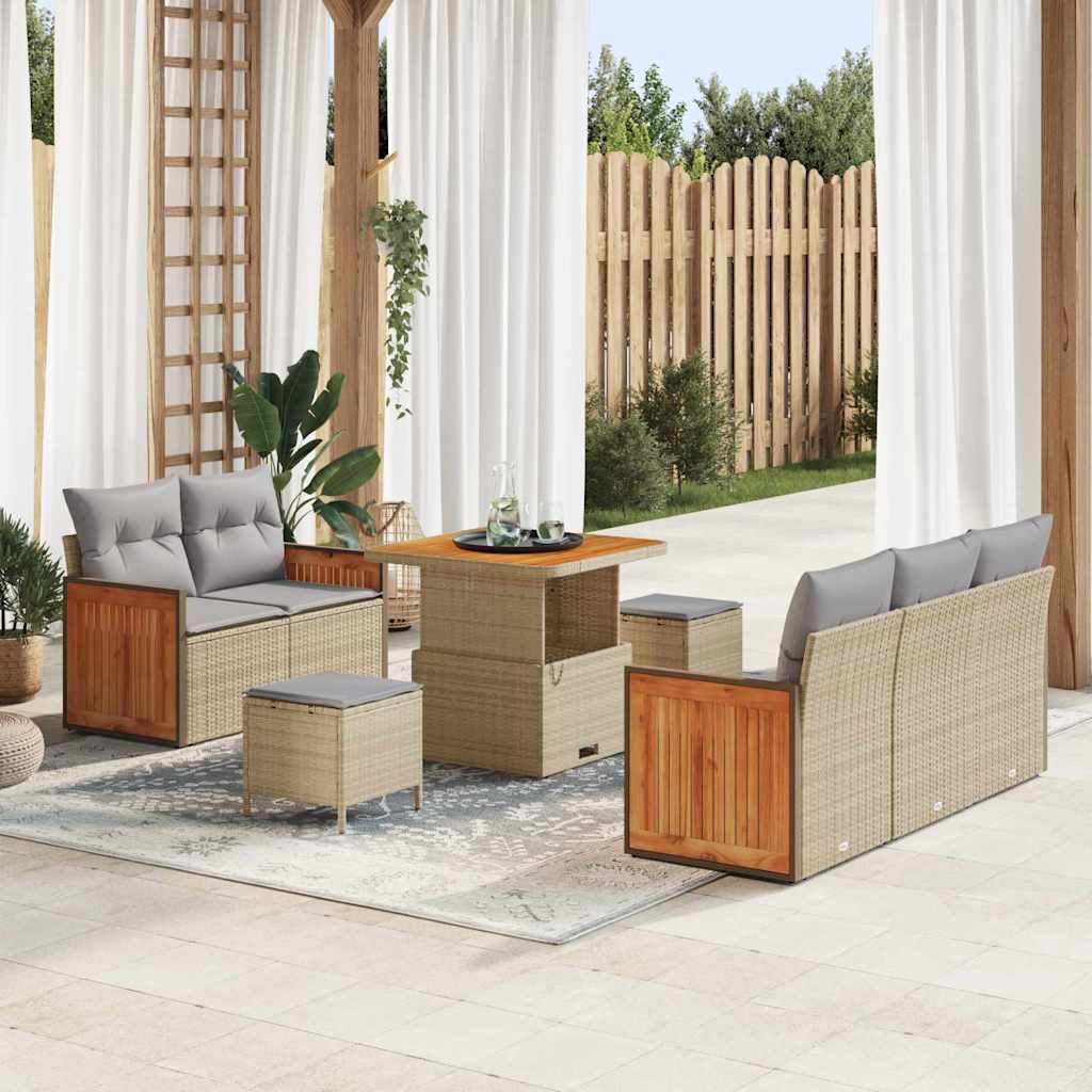 Set Divano da Giardino 8 Pezzi con Cuscini Beige Polyrattan Acacia 3365197