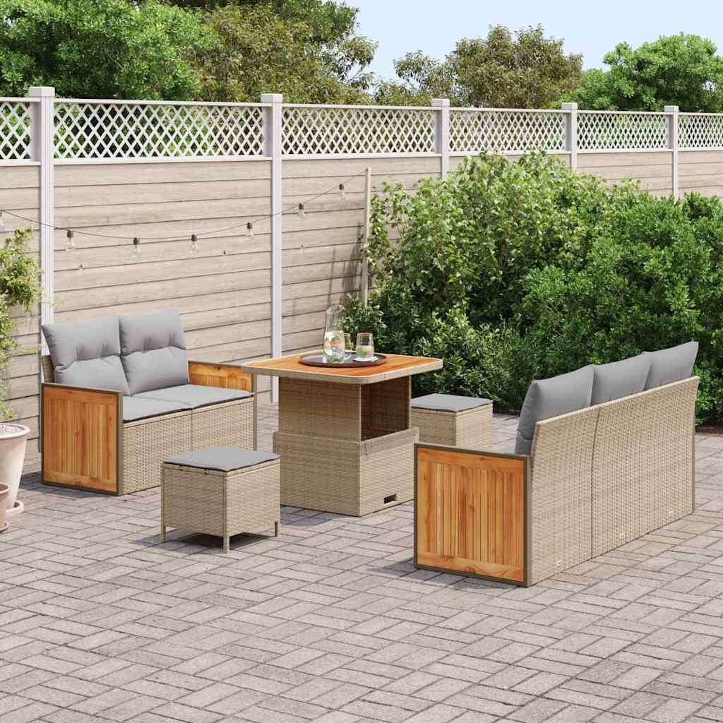 Set Divano da Giardino 8 Pezzi con Cuscini Beige Polyrattan Acacia 3365197