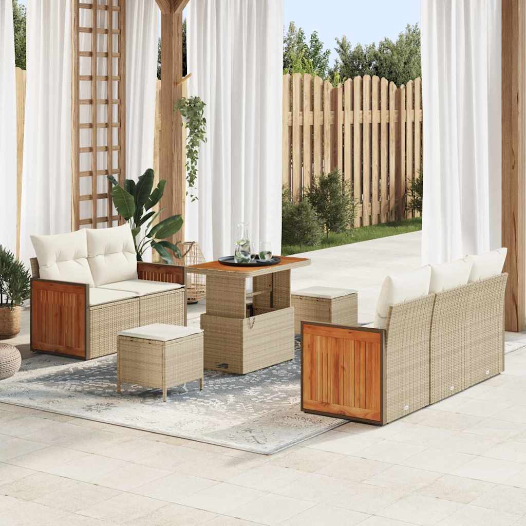 Set Divano da Giardino da 8 Pezzi con Cuscini Beige in Rattan Poliuretanico e Legno di Acacia 3365201