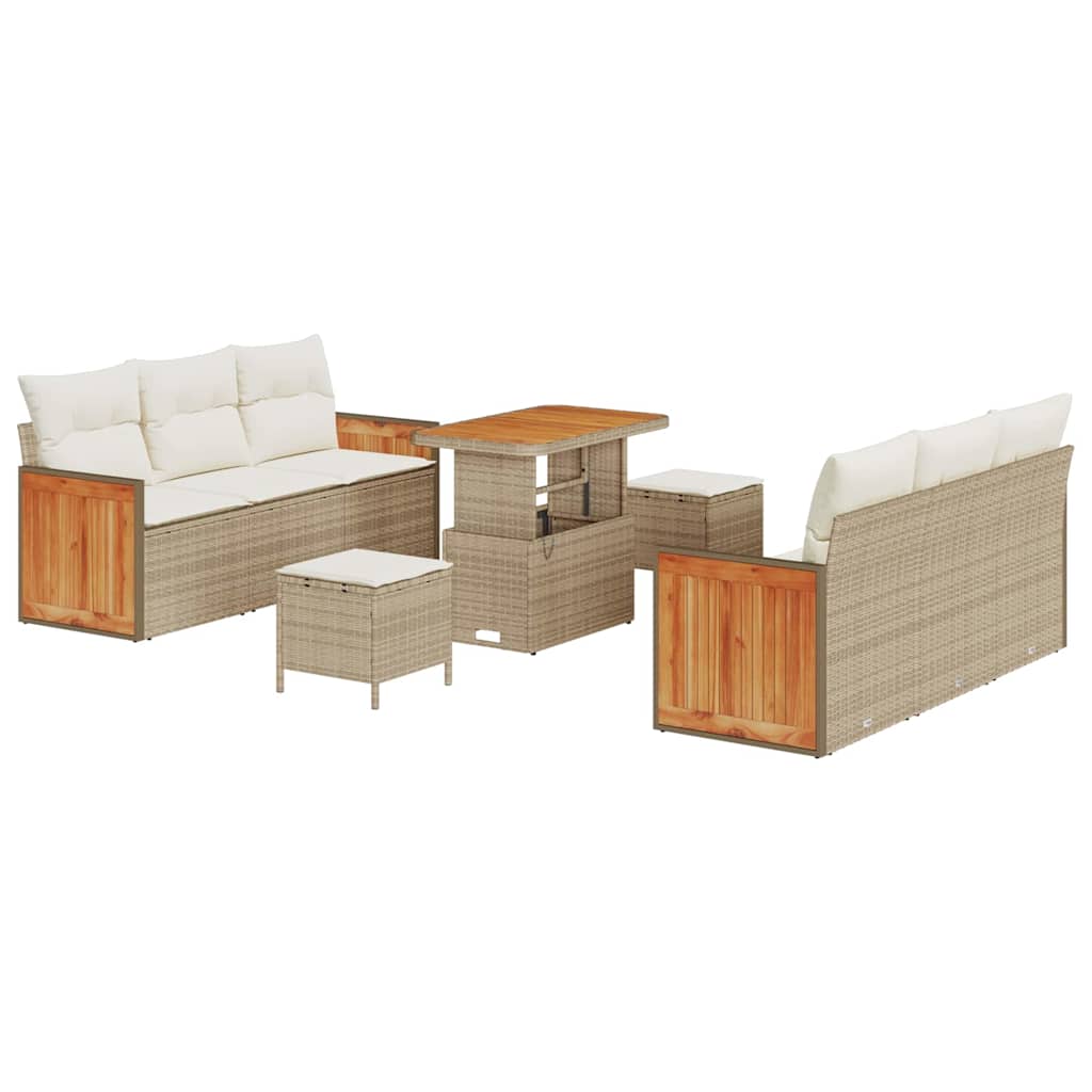 Set Divano Giardino  9 Pezzi con Cuscini Beige Rattan Poly e Acacia 3365211