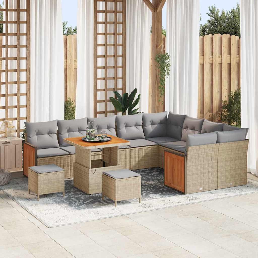 Set Divano da Giardino 12 Pezzi con Cuscini Beige Polyrattan Acacia 3365292
