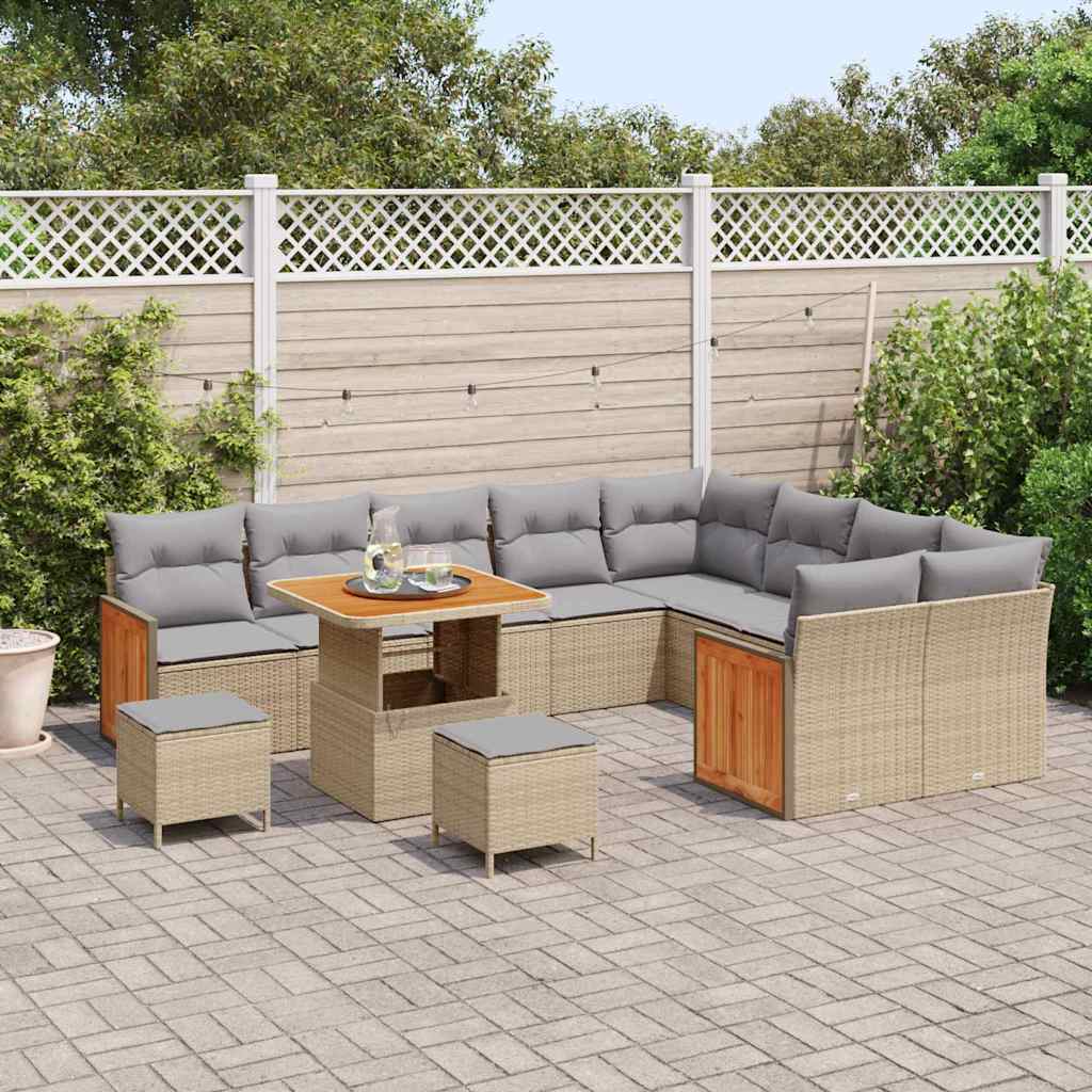 Set Divano da Giardino 12 Pezzi con Cuscini Beige Polyrattan Acacia 3365292
