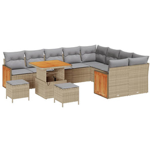 Set Divano da Giardino 12 Pezzi con Cuscini Beige Polyrattan Acacia 3365292