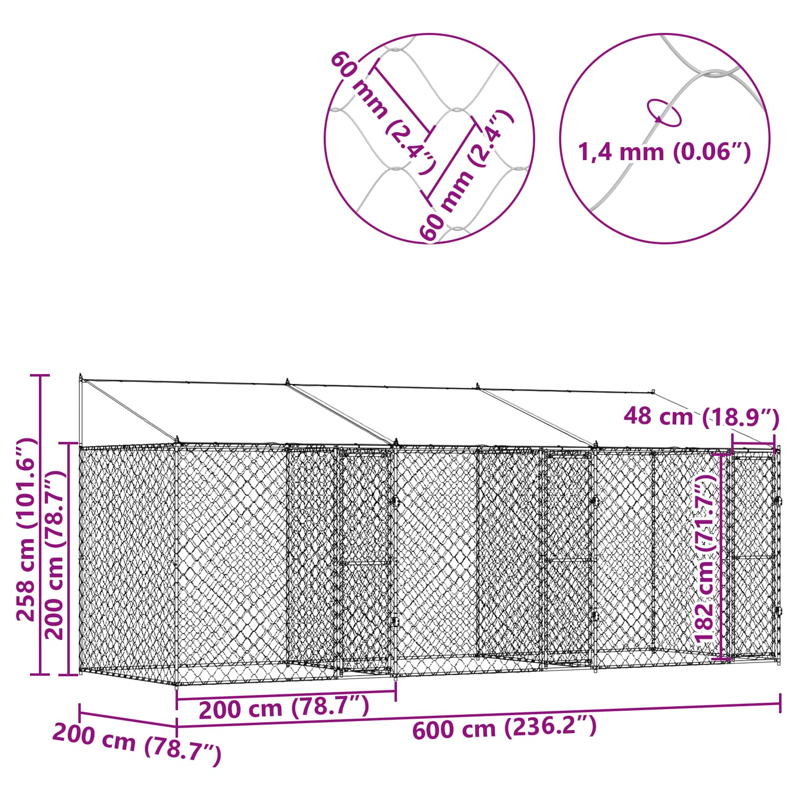Gabbia per cani Argento 600 x 200 x 256 cm Acciaio zincato 3368299