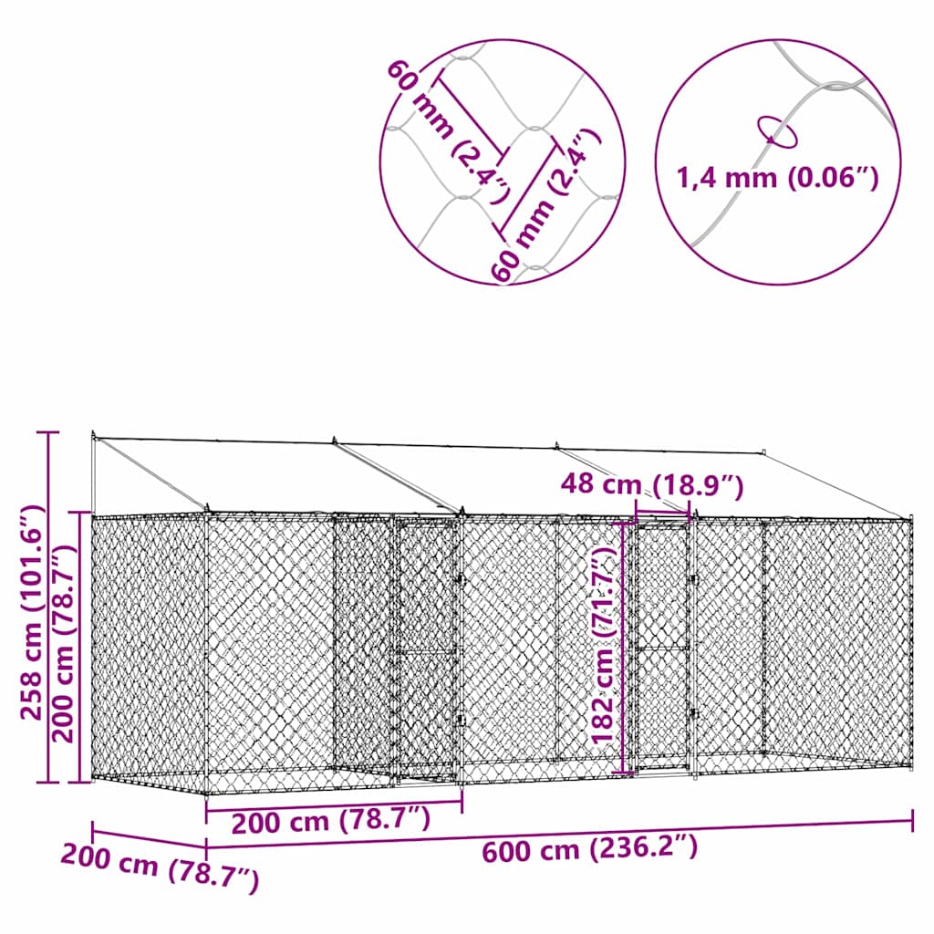 Gabbia per cani Argento 600 x 200 x 256 cm Acciaio zincato