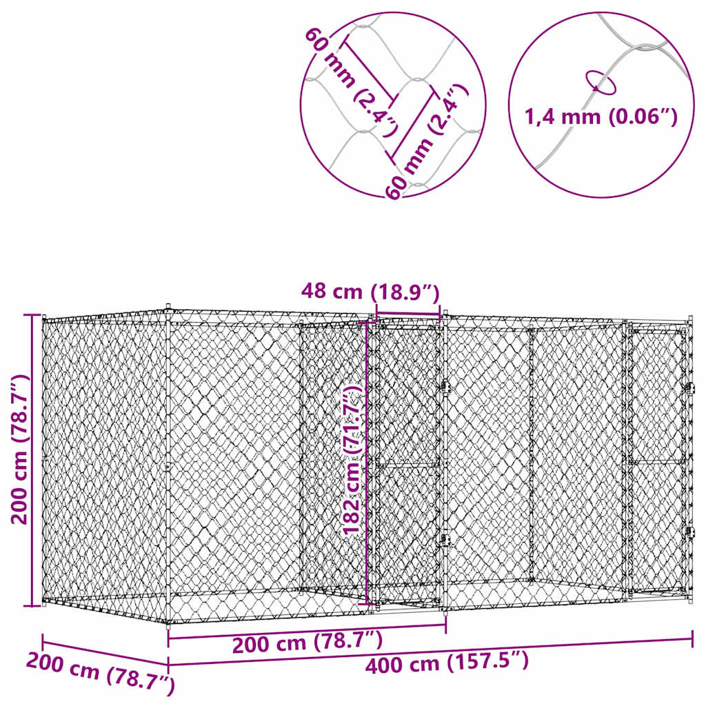 vidaXL Gabbia per cani Argento 400 x 200 x 200 cm Acciaio zincato