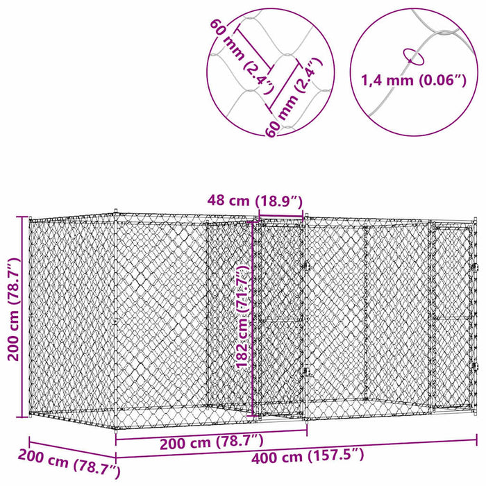 vidaXL Gabbia per cani Argento 400 x 200 x 200 cm Acciaio zincato