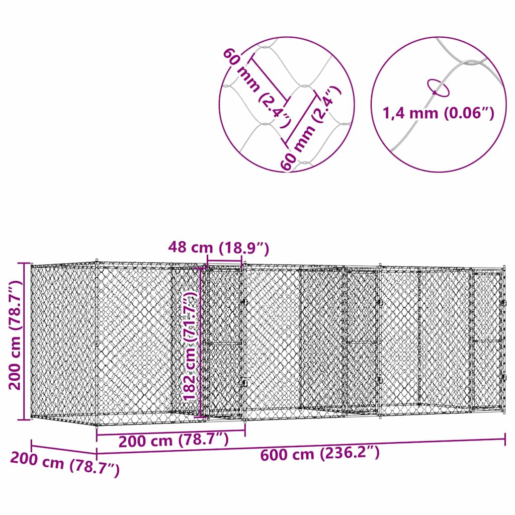 vidaXL Gabbia per cani Argento 600 x 200 x 200 cm Acciaio zincato