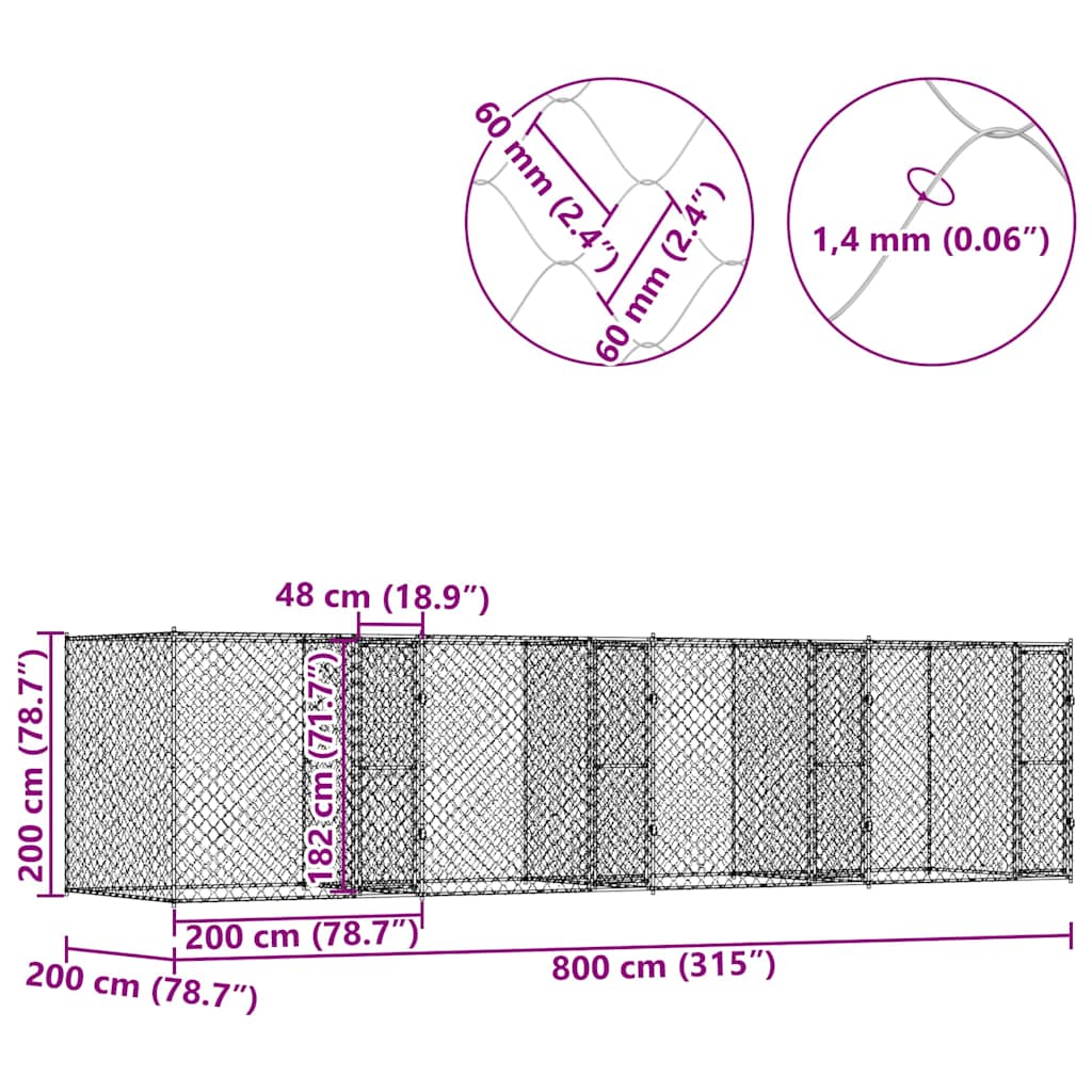 vidaXL Gabbia per cani Argento 800 x 200 x 200 cm Acciaio zincato