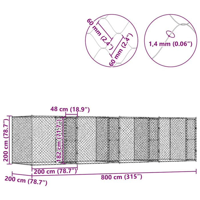 vidaXL Gabbia per cani Argento 800 x 200 x 200 cm Acciaio zincato