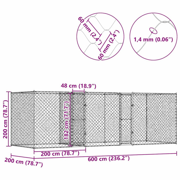 Gabbia per cani Argento 600 x 200 x 200 cm Acciaio zincato