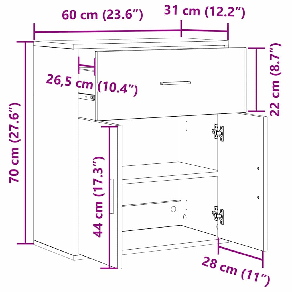 vidaXL Credenza Rovere nero 60 x 31 x 70 cm Legno multistrato