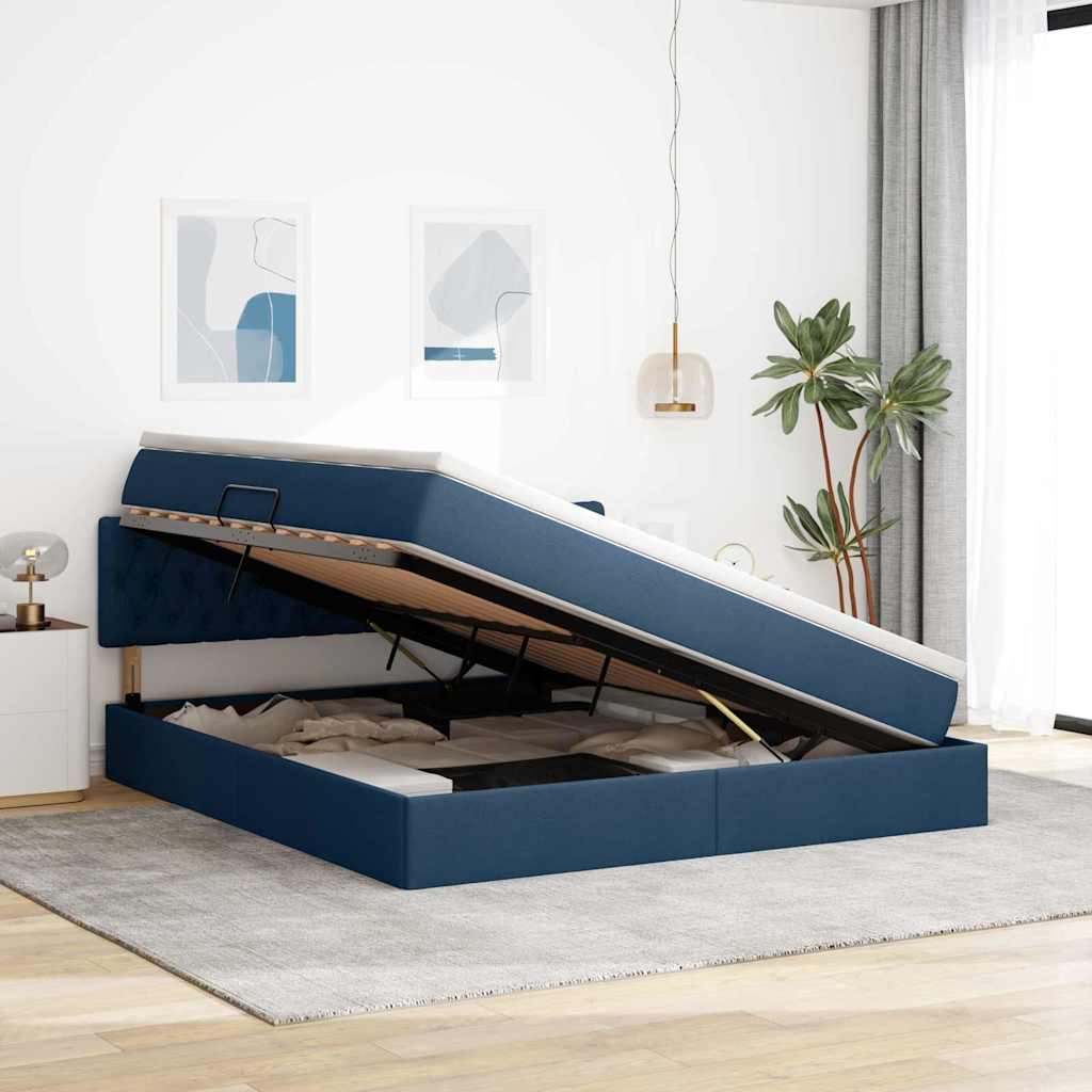 Letto con contenitore e materasso con testiera Blu 160 x 200 cm