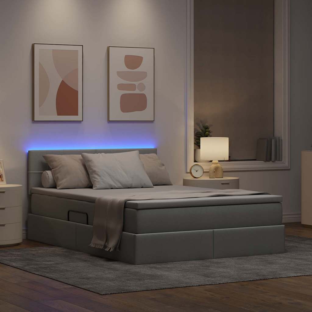 Letto con contenitore e LED Grigio chiaro 140 x 190 cm Tessuto