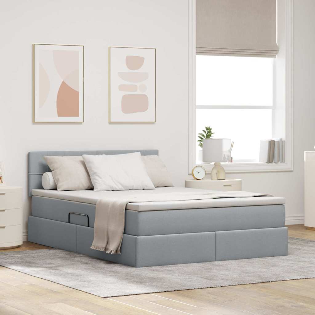 Letto con contenitore e LED Grigio chiaro 140 x 190 cm Tessuto