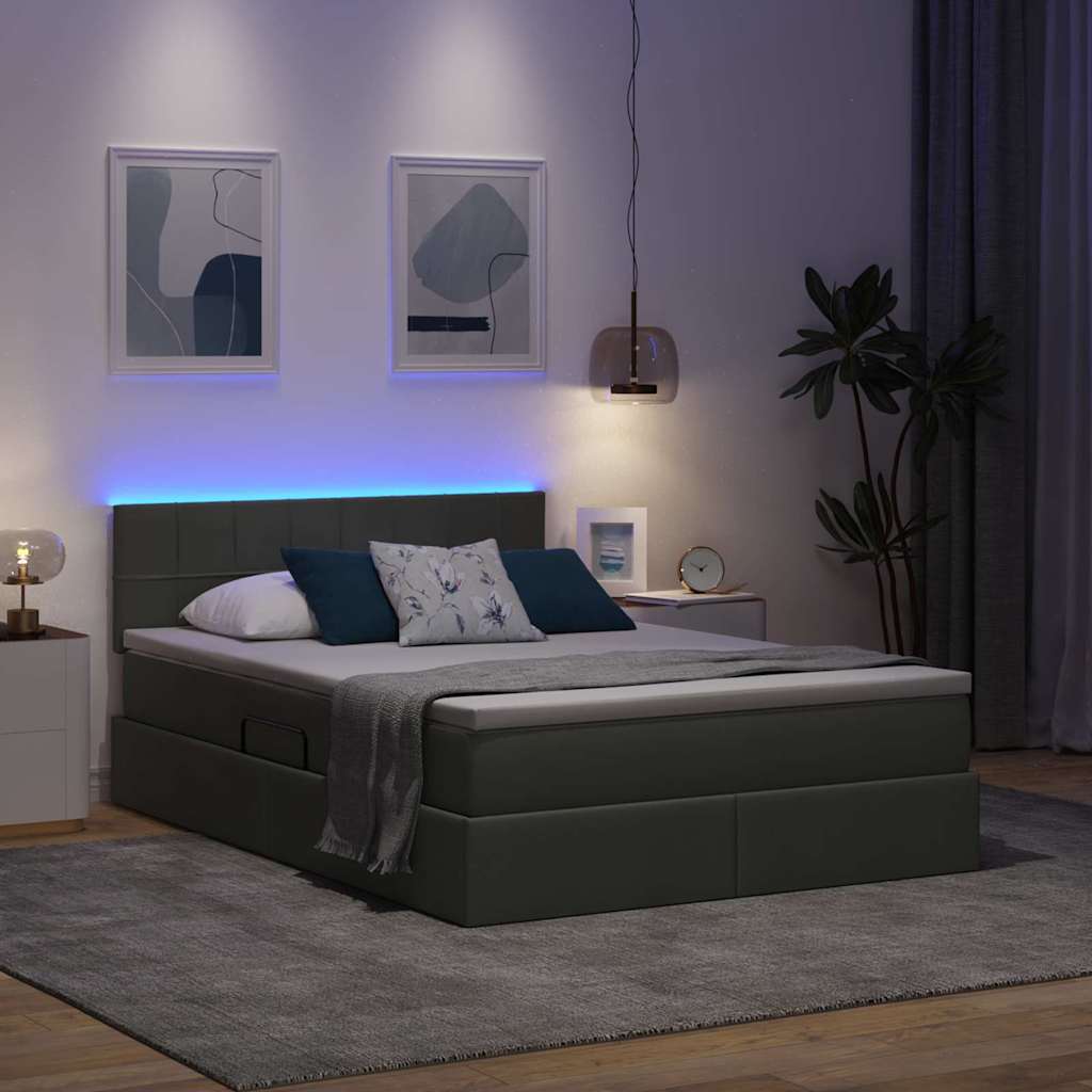 Letto con contenitore e LED Grigio scuro 140 x 200 cm Tessuto
