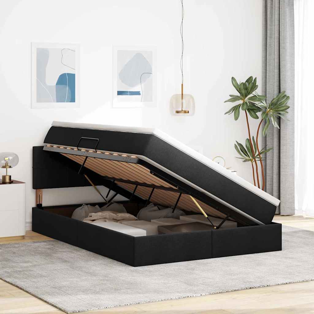 Letto con contenitore e LED con led Nero 140 x 200 cm Tessuto