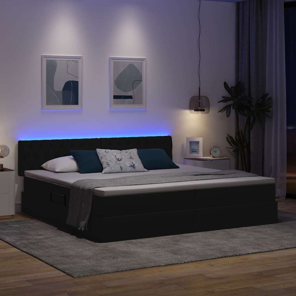 Letto con contenitore e LED con led Nero 200 x 200 cm Tessuto