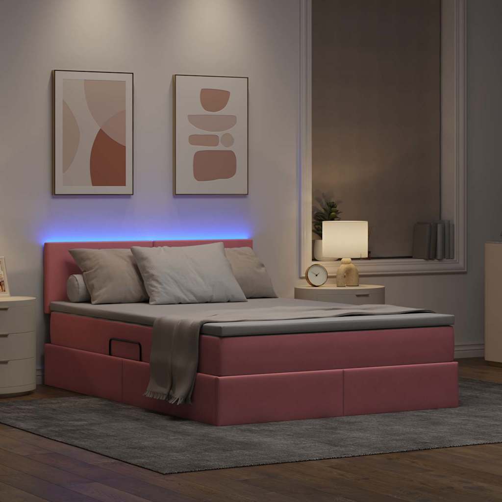 Letto con contenitore e LED con led Rosa 140 x 190 cm Velluto