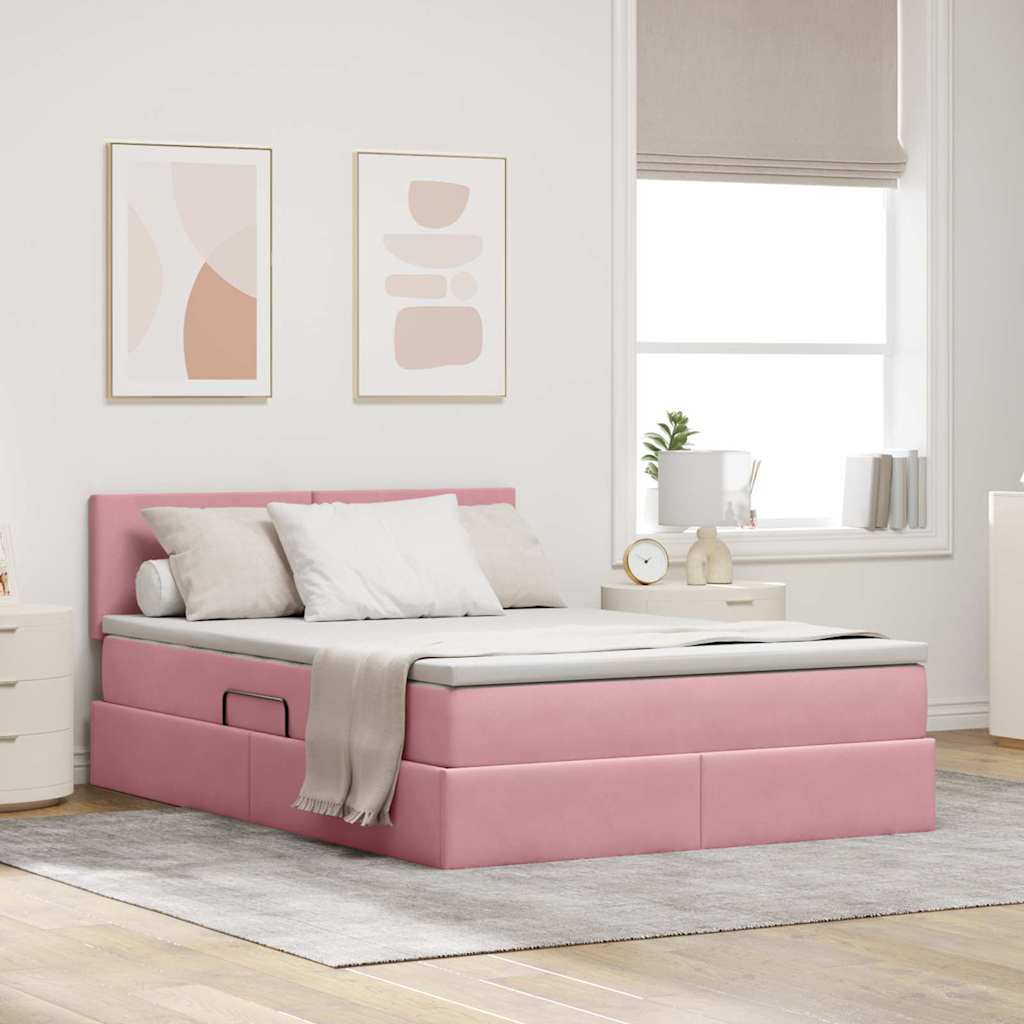 Letto con contenitore e LED con led Rosa 140 x 190 cm Velluto