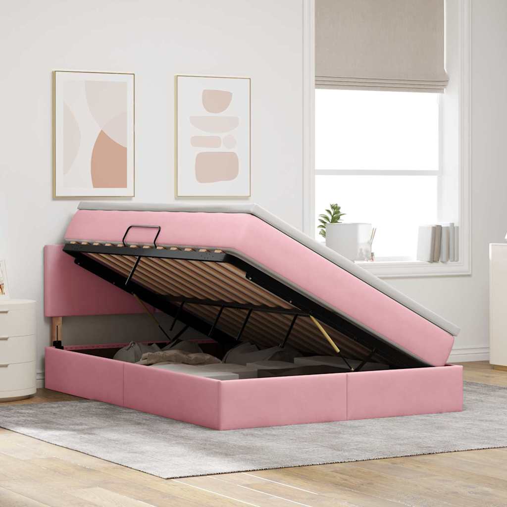 Letto con contenitore e LED con led Rosa 140 x 190 cm Velluto