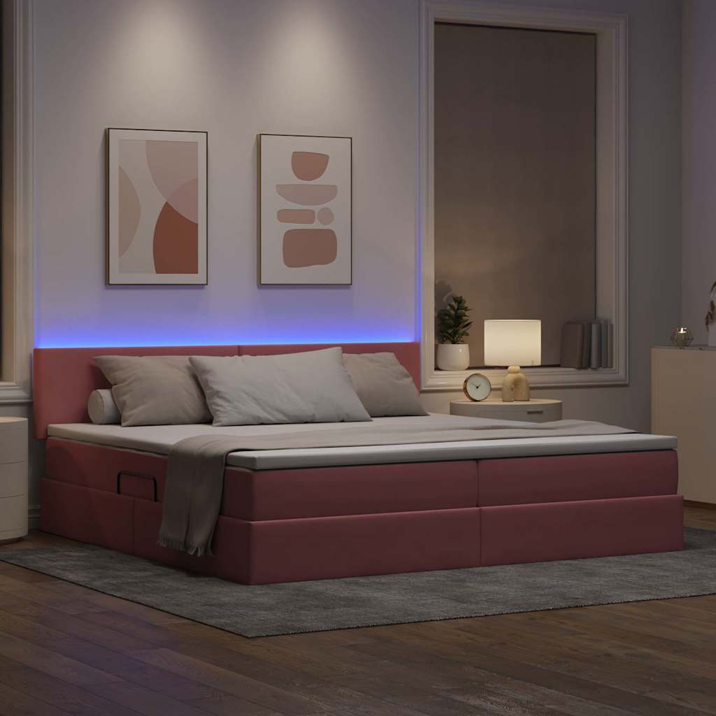 Letto con contenitore e LED con led Rosa 200 x 200 cm Velluto
