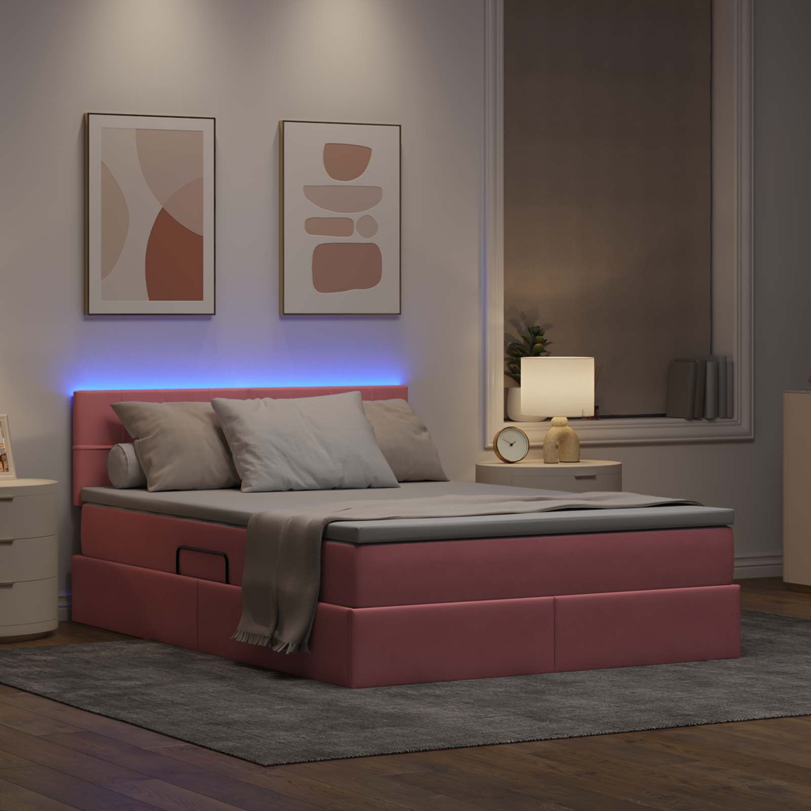 Letto con contenitore e LED Rosa 140 x 190 cm Velluto 3371396