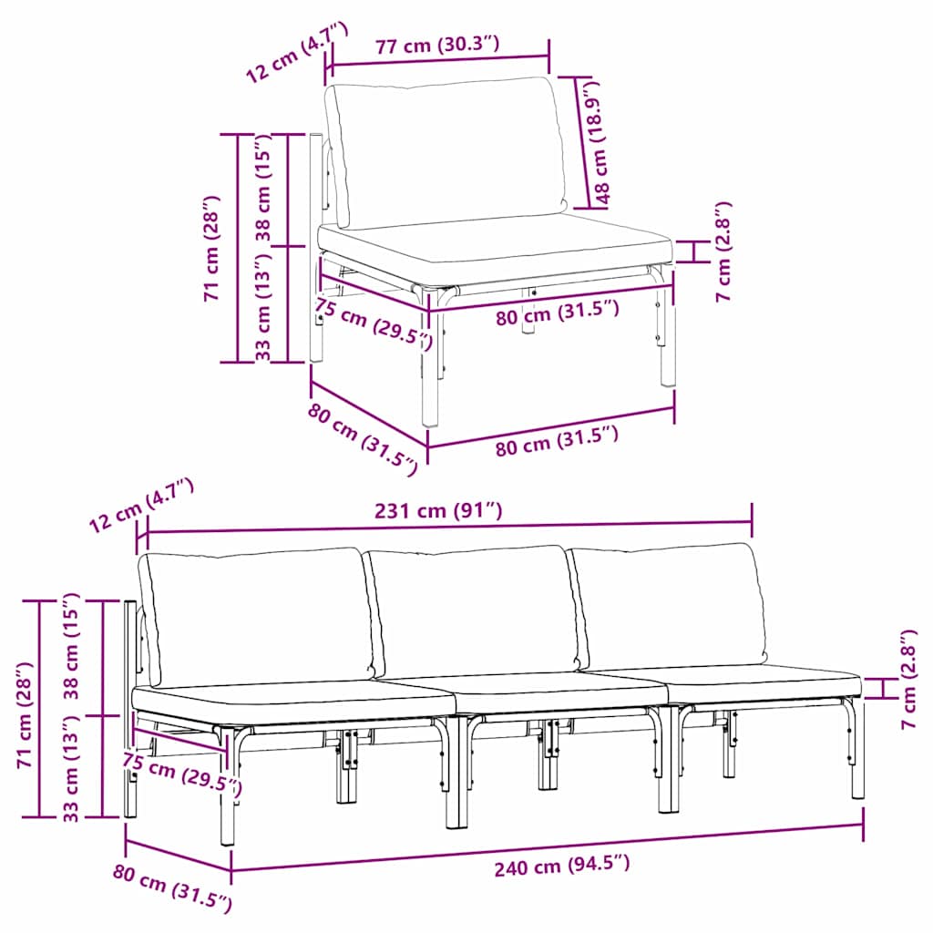 vidaXL Mobili da Esterno con cuscino 3 pcs Antracite Acciaio