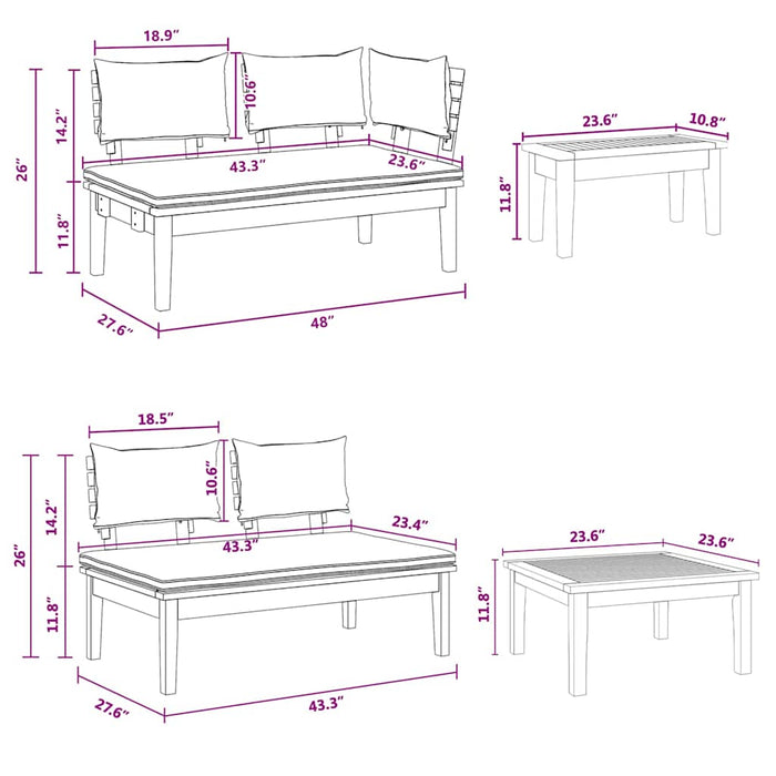vidaXL Set Panchina da Giardino con cuscino 4 pcs Marrone e Crema