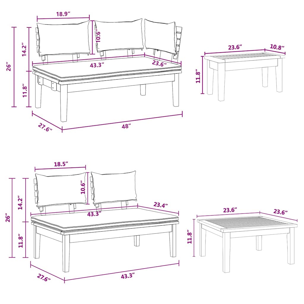 vidaXL Set Panchina da Giardino con cuscino 4 pcs Marrone e Grigio