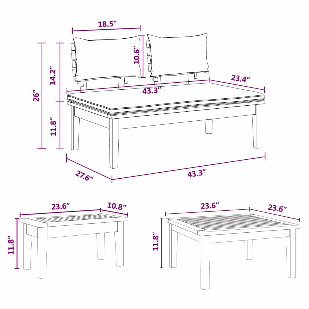 vidaXL Set Panchina da Giardino con cuscino 3 pcs Marrone e Grigio