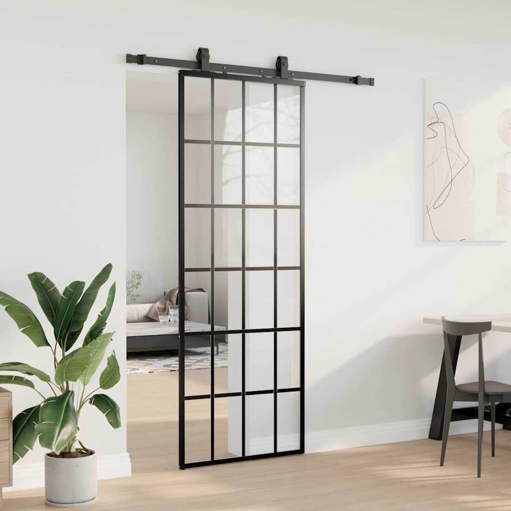 Porta Scorrevole con Ferramenta Nera 76x205 cm in Vetro ESG